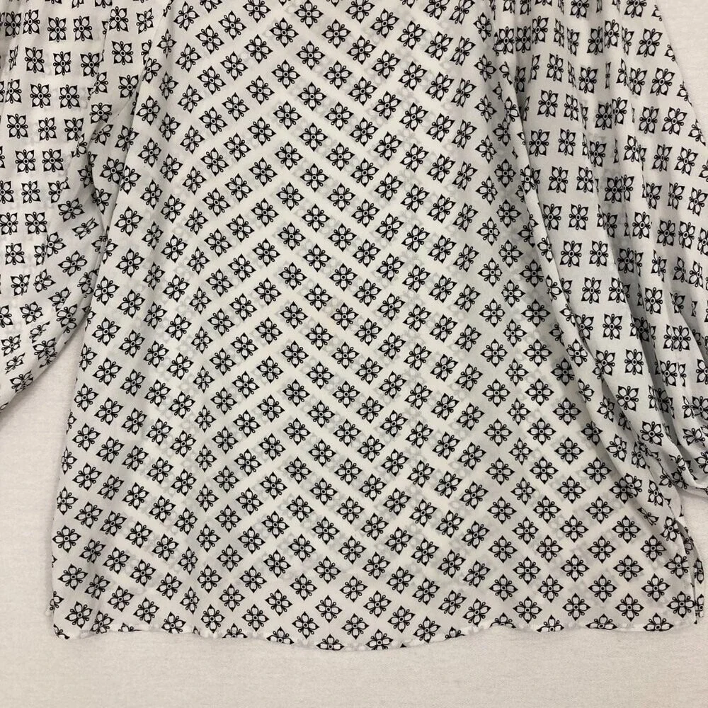 LOFT Black‎ White Square Neck 3/4 Puff Sleeve Feminine Preppy Blouse Large
